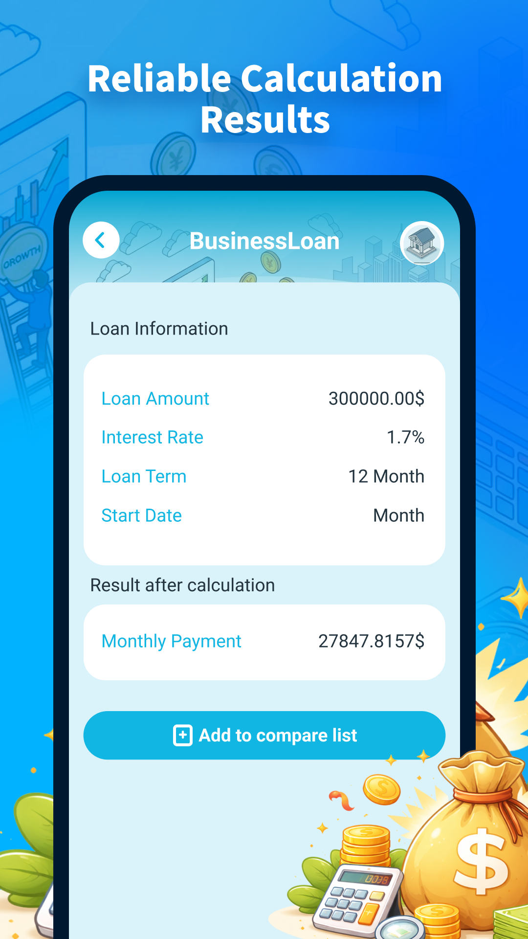 Loan calculation utility with manual input and generated breakdown